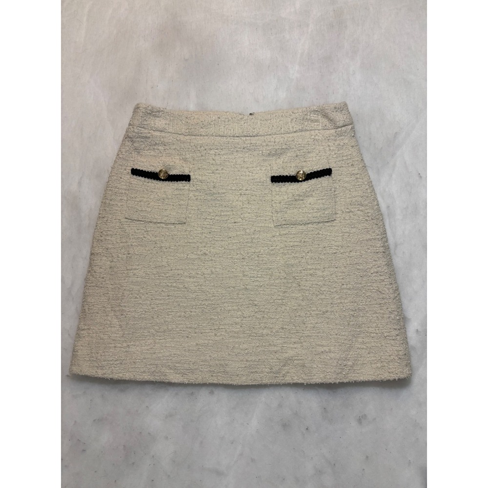 Preston & York Womens Cream Boucle Tweed Mini Skirt Gold Button Accent Sz M NEW